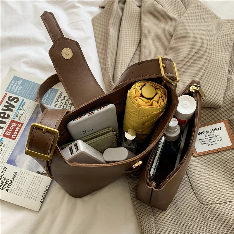 

Retro Simple Design Small Bucket Shoulder Bags For Women Zipper Closure Large Capacity Crossbody Bags High Quality Purses 2021