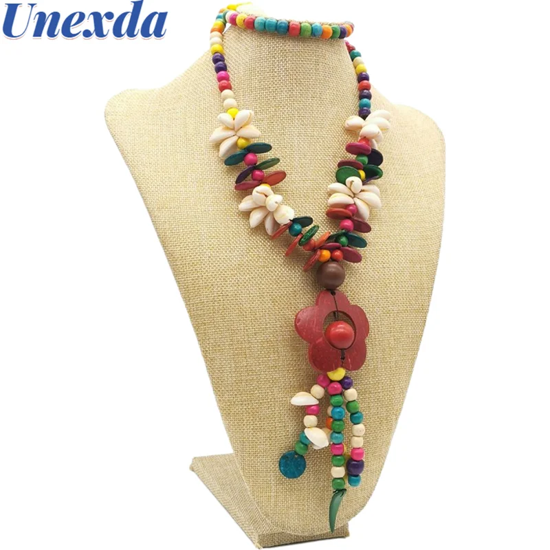 

Unexda Statement Pendant Necklace For Women Luxury Designer Wood Bead Long Chain Necklaces Goth Flower Shell Boho Jewelry