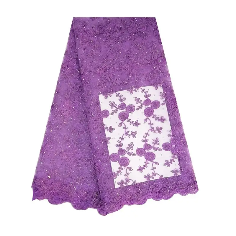 Purple lace fabric Цветочная зеленая кружевная ткань 5 ярдов/партия Тюль Чистая кружевная Французская ткань с камнями вышивка африканская кружевная ткань для aso ebi платье - Цвет: Purple lace fabric
