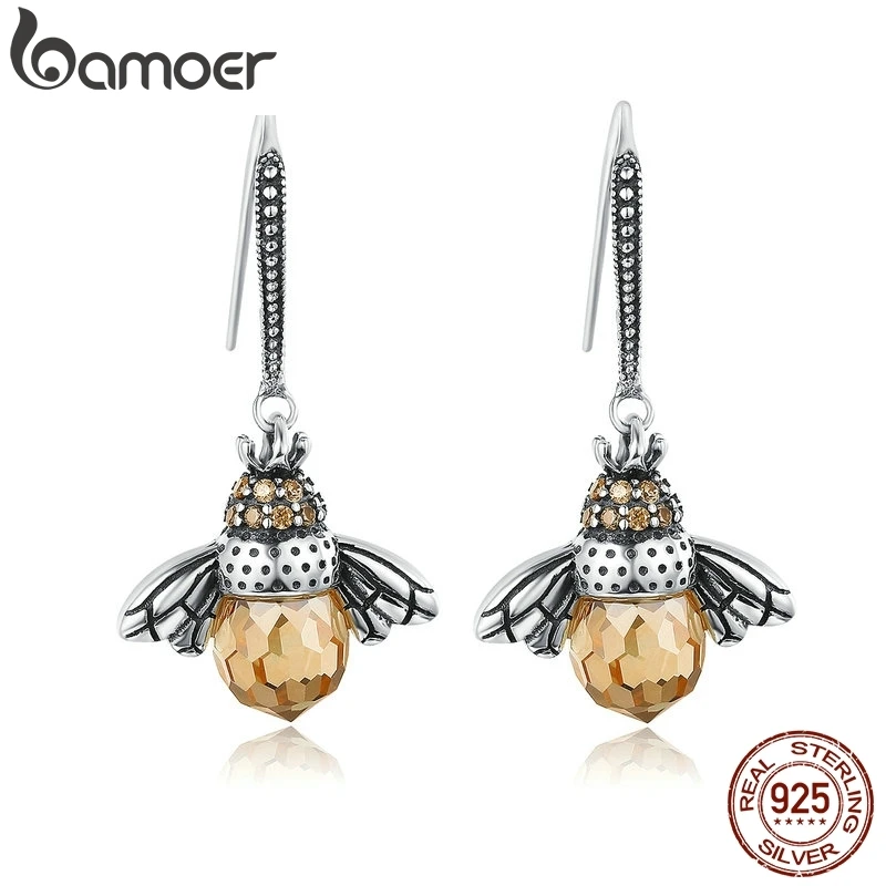 BAMOER,, натуральная 925 пробы, серебро, прекрасный, оранжевый, пчела, животное, висячие серьги для женщин, хорошее ювелирное изделие, подарок, Bijoux SCE149