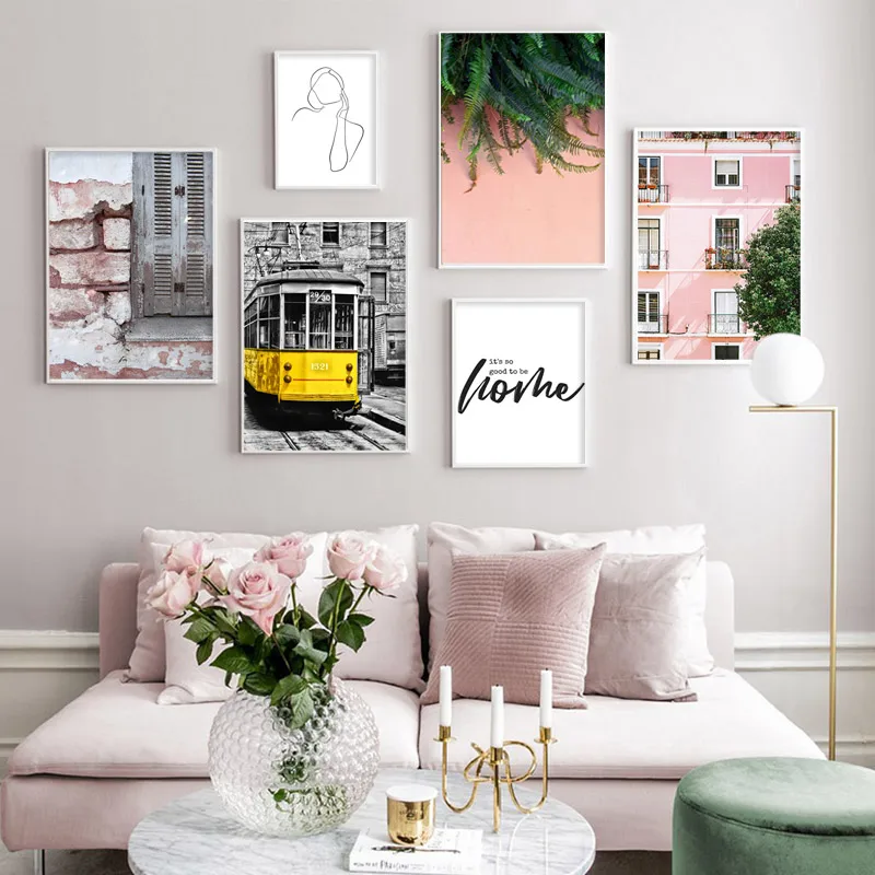 Городской пейзаж холст постер Скандинавское украшение автобус розовое здание