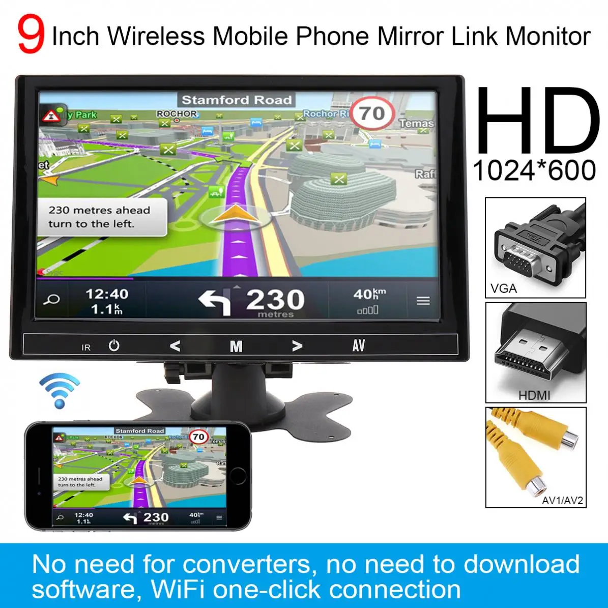 9 Inch HD IPS 1024*600 TFT LCD Color Multifunction Car Headrest Monitor HDMI / VGA AV Wireless Mobile Phone Mirror Link | Автомобили и