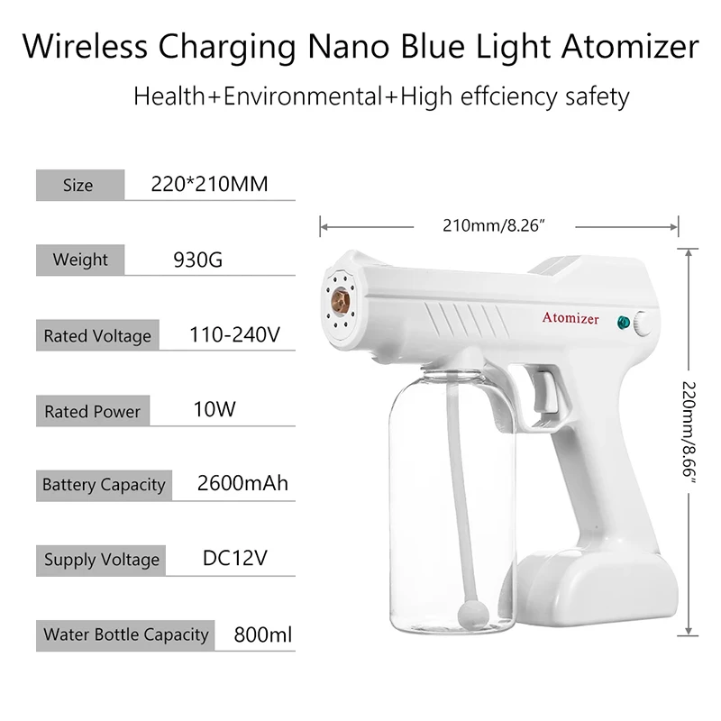 

2M EU/US/UK/AU Plug 10W Spray Distance 800 ML Wireless Electric Sanitizer Sprayer Disinfects Blue Light Nano Steam Spray Gun