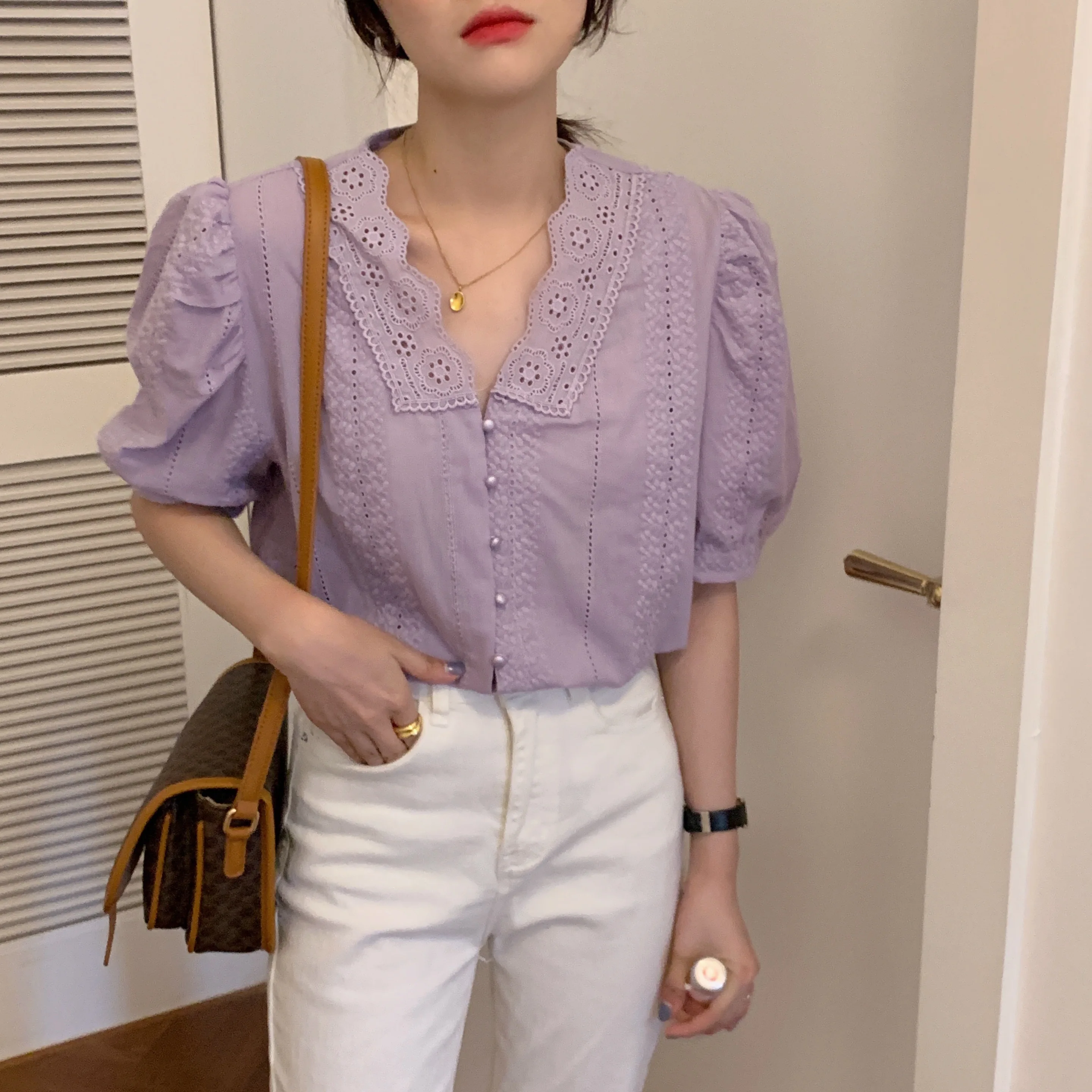 Женская кружевная блузка Alien Kitty элегантная ажурная в Корейском стиле с пышными