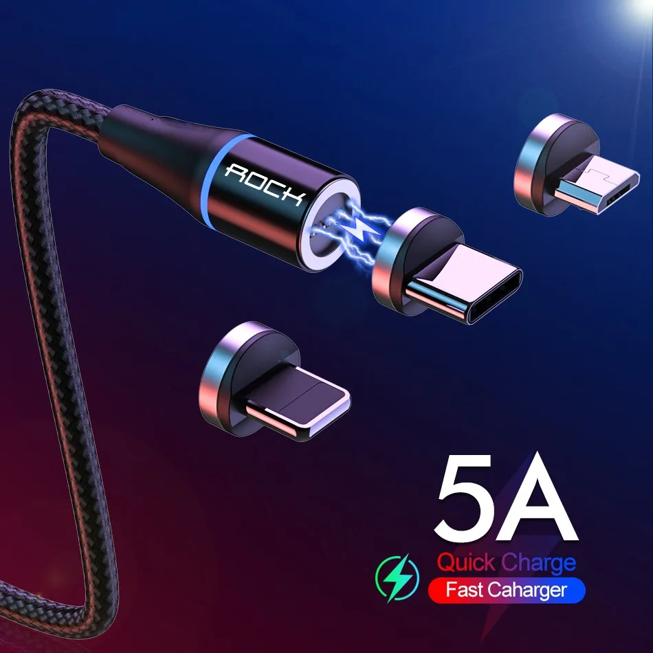 Магнитный кабель Rock USB Lightning/Type C/Micro с функцией быстрой зарядки.|Кабели для
