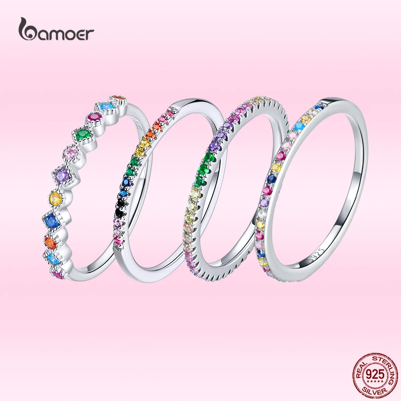 

Bamoer 2021 Authentic 925 Sterling Silver Rainbow CZ Finger Rings For Women Stackable Trendy Wedding Jewelry Multi-size GXR583