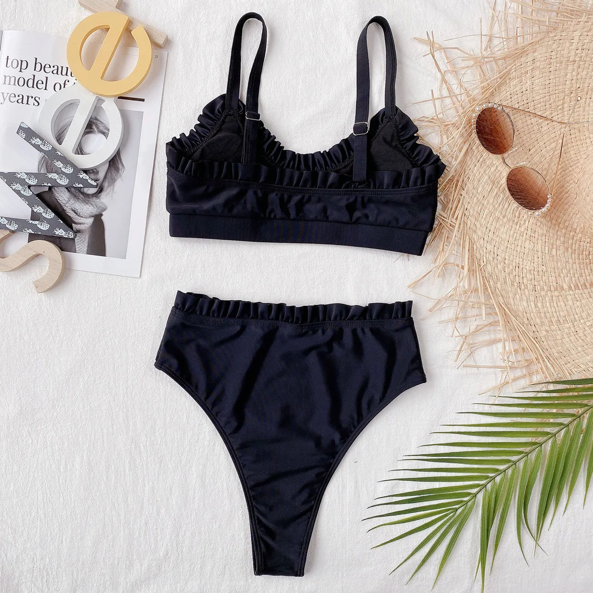 

2021 New Summer Women Swimwear Two Piece Bikinis Sets Solid Ruffled Strapless Bather Bathing Suits Lady Swim Swimming Bikini