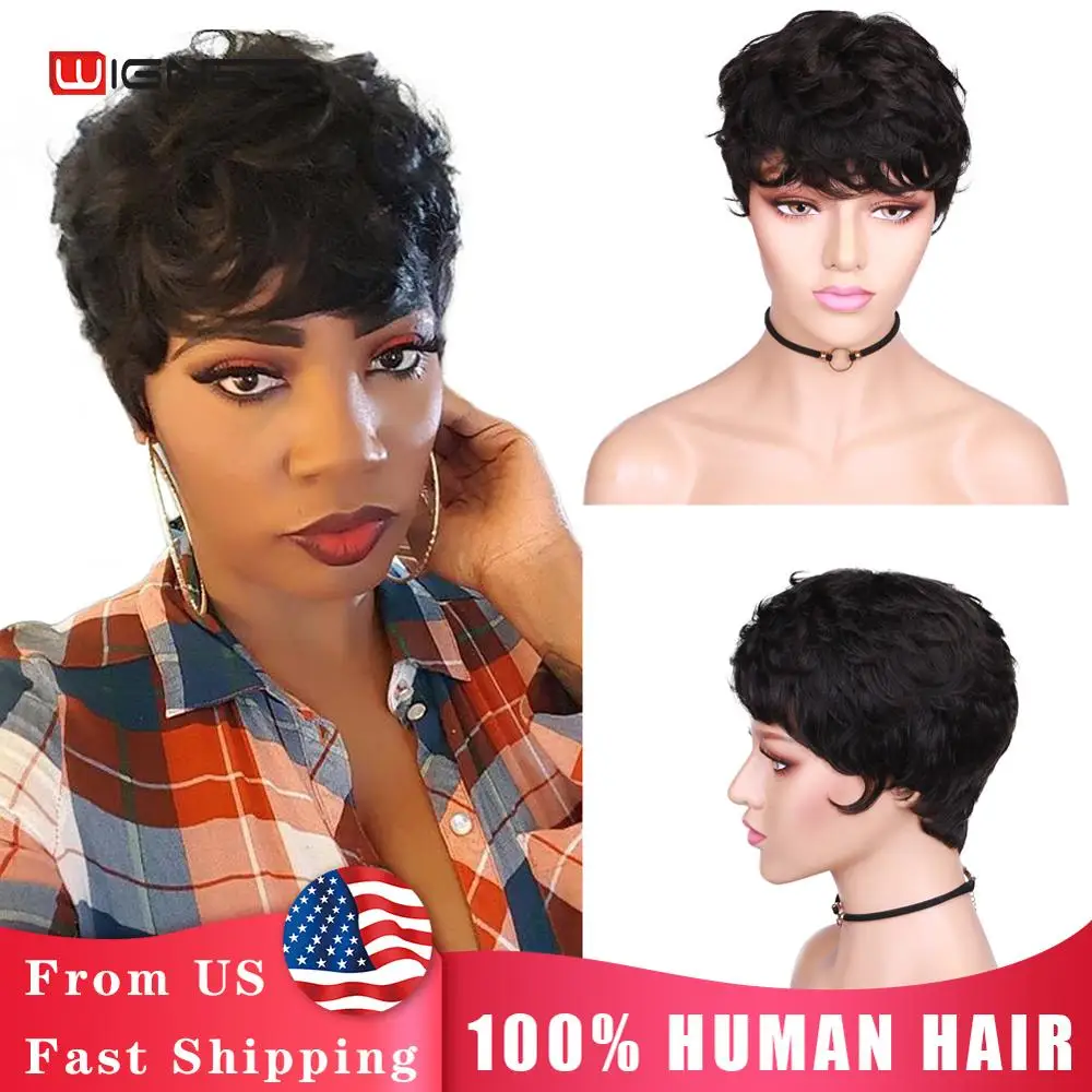 

Wignee Short Pixie Cut Curly Human Hair Wigs With Free Bangs For Women Remy Brazililian Jerry Curl Glueless Natural Black Wig