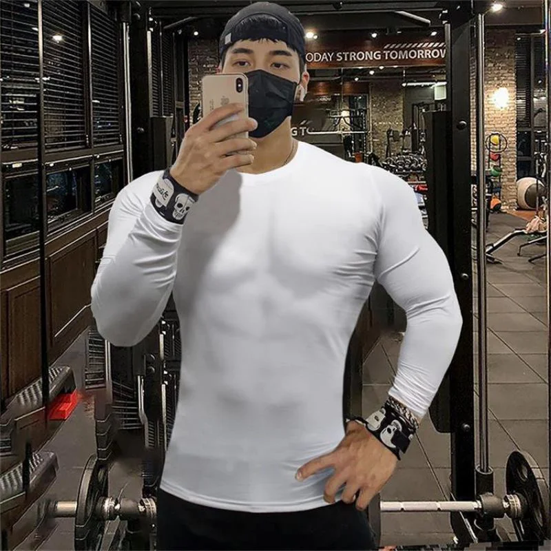 

Men's Spring and Autumn T Shirt Fitness Sports Pure Cotton Round Neck Top Long Sleeve Slim Jogging Casual T Shirt