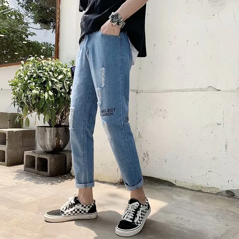 

Spring summer new Hong Kong style 2020 men's ripped jeans wild trend loose casual feet cropped hip hop denim cowboy youth pants