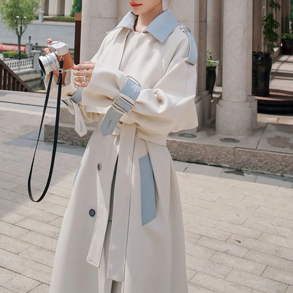 

Trench Coat Women Autumn New 2021 Double Breasted Fashion Korea Style Fashion Loose Stitching Long Coat Trend Gabardinas Mujer