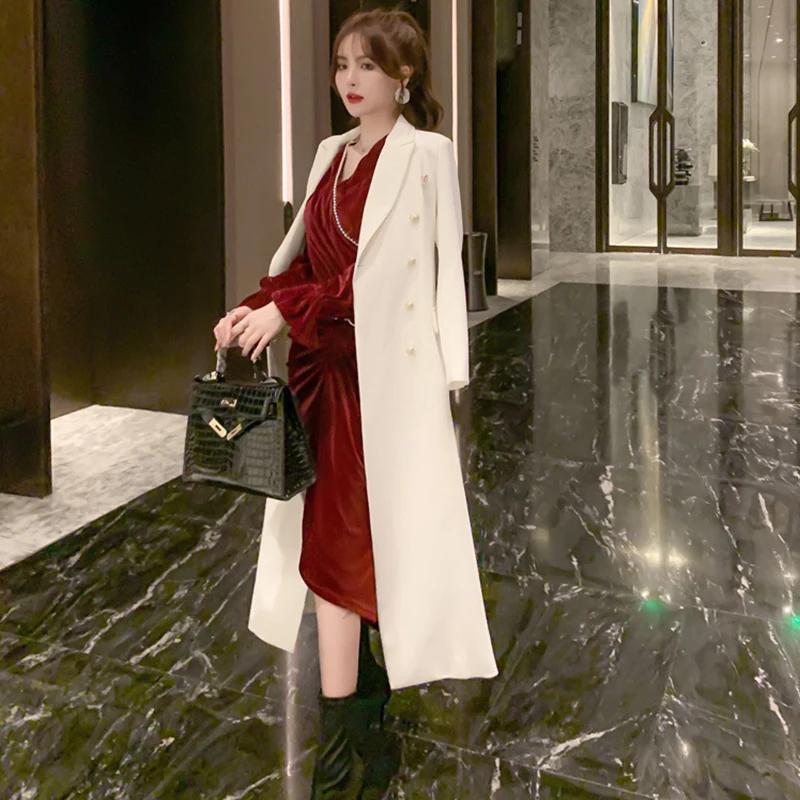 

new arrival fashion korean winter midi jacket women OL professional temperament white windbreaker vintage wild slim suit jacket