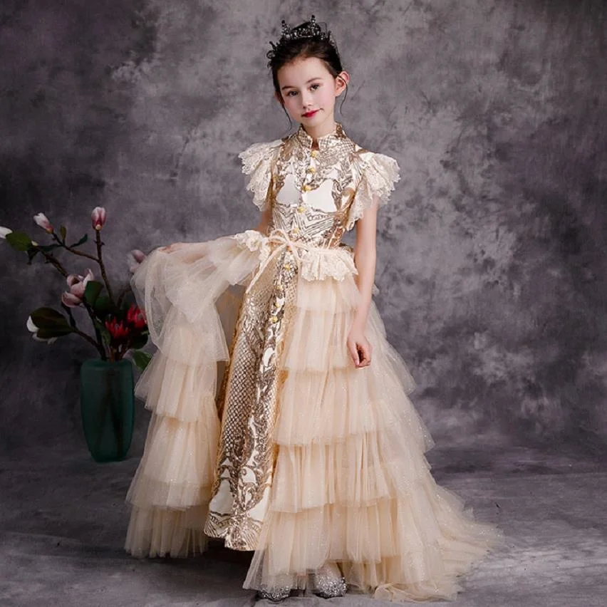 

High-end Sexy Lace sequins stitching evening dress Kids Catwalk princess ball gown birthday party dress for girls Y3195