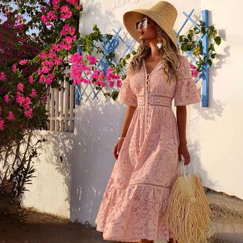 

New V-neck Short-sleeved Hollow Single-breasted Lace Dress 2021 Summer Bohemian Vacation Wear Fashion Casual Women Clothing