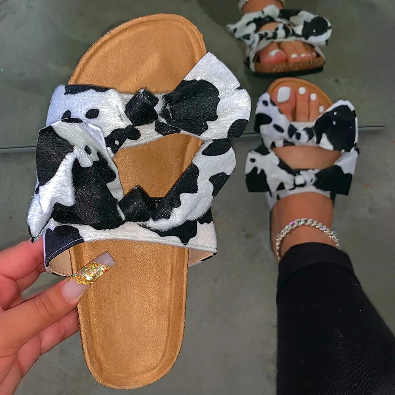 Женские модные тапочки с бантиком из коровьей кожи шлепанцы Сезон лето Удобная