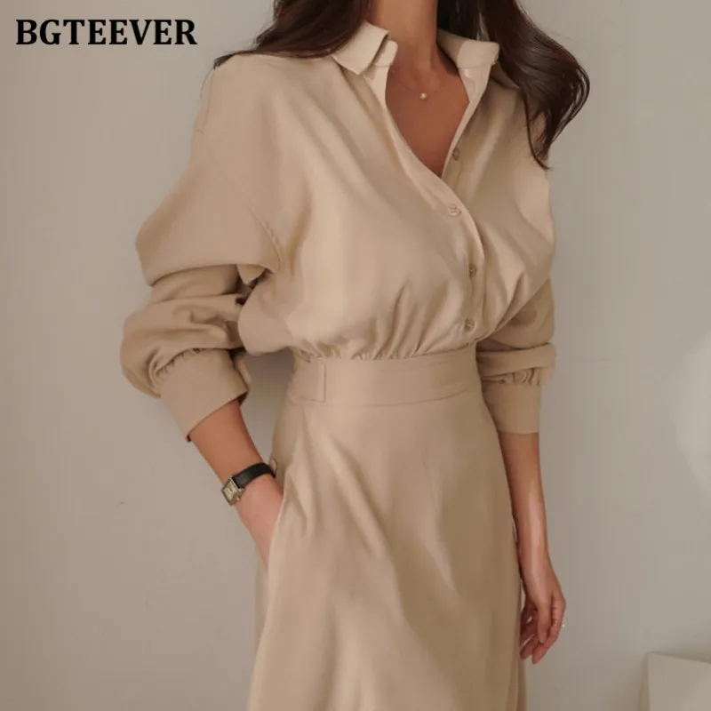 

BGTEEVER Stylish OL Style Lapel Women Midi Dress Full Sleeve Buttons Slim Waist Solid Vestidos Femme 2021 Spring Summer Dresses