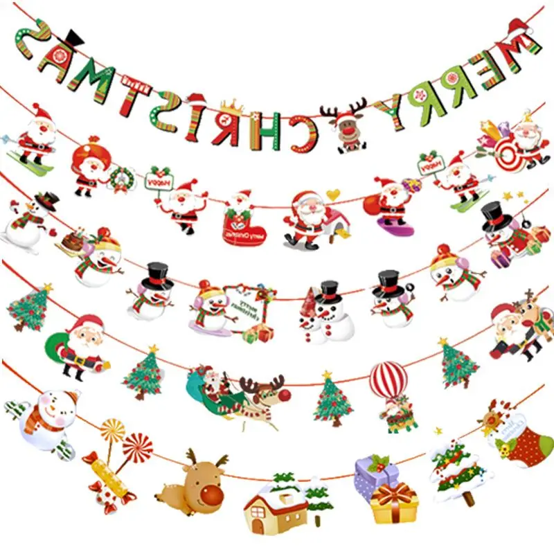 

Cartoon christmas flag pulling paper flag hanging party atmosphere layout holiday decorations pull flowers Christmas decoration