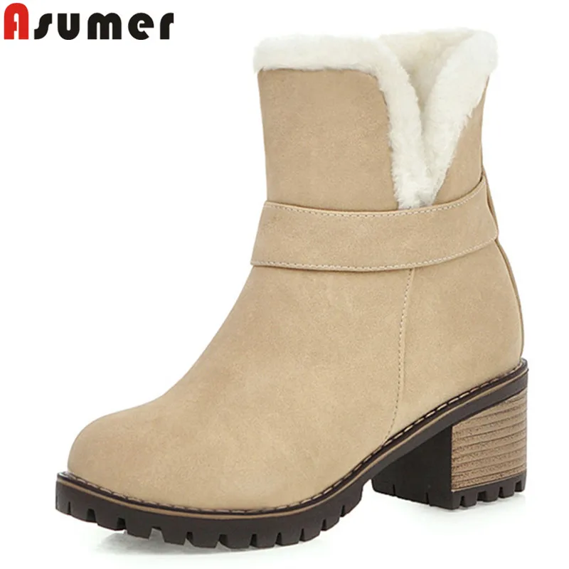 Женские ботинки с круглым носком ASUMER черные из флока на высоком квадратном