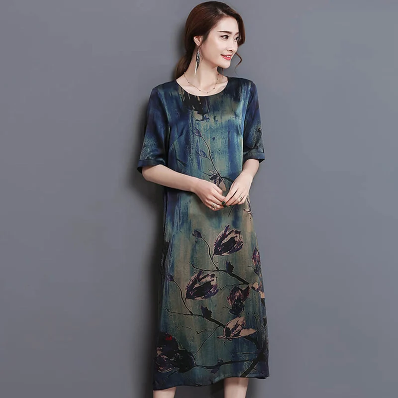 2020 летняя одежда среднего возраста высокое качество шелковое длинное платье с