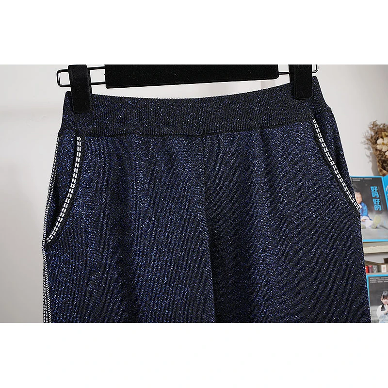 

Navy Blue Bright Silk Knit Tracksuits Set Outfits Female Loose Big Pocket V-Neck Cardigan Sweater Long Pencil Pants Suit Female