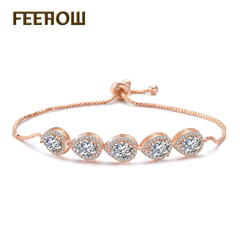 Rose Gold Color FEEHOW, модные элегантные свадебные ювелирные изделия, розовое золото, цветная слеза, кубический циркон, висячие серьги для женщин, Свадебная вечеринка FWEP091 - Окраска металла: Rose Gold Color