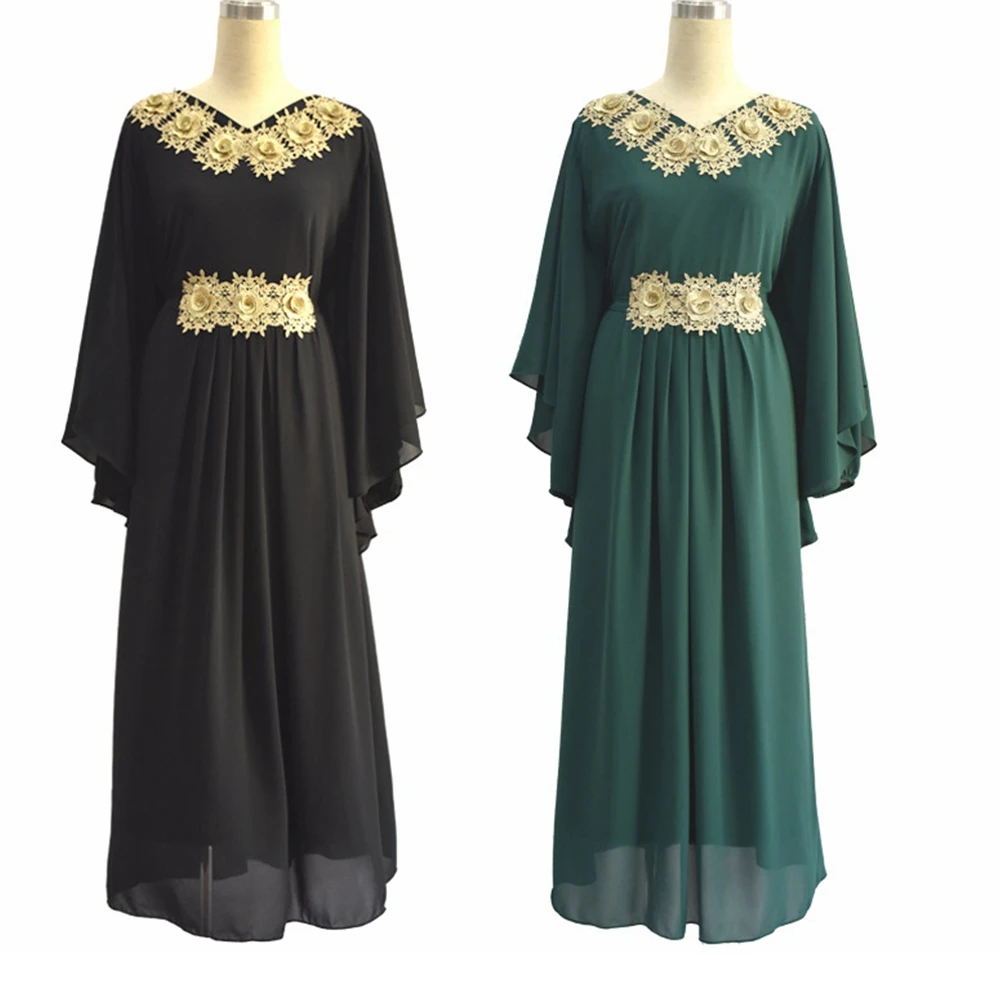 

Lugentolo Plus Size Dress Women Empire Batwing Sleeve Lace Stitching Solid Round Neck Muslim Fashion Office Lady Dress