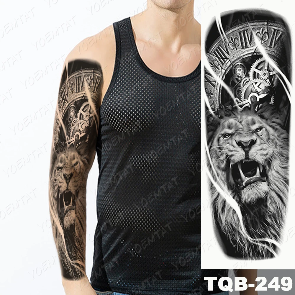 Black Full Arm Temporary Tattoo Sticker Men Adult Lion Tiger Totem Flash Tatoo Waterproof Body Art Fake Sleeve Tatto Realistic