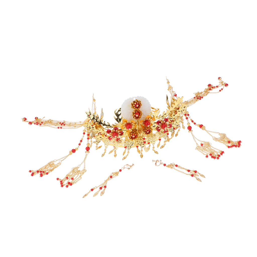 

Vintage Phoenix Headpiece Hair Jewelry Set Chinese Bridal Hair Crown Headpiece Wedding Long Tassel Headdress + Earrings