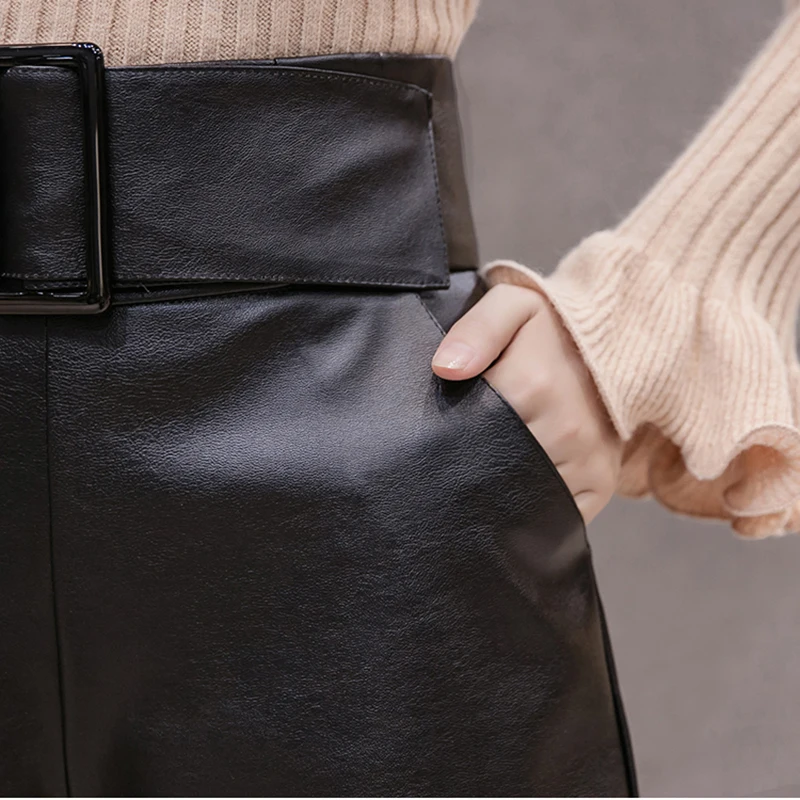 Высокая талия ПУ шорты из искусственной кожи женские уличная осень зима широкие