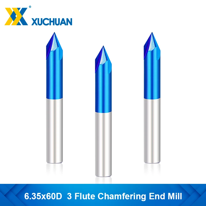 

Chamfering End Mill 3 Flute 60 Degrees Milling Cutter 1/4" Shank Nano Blue Carbide Endmills CNC Chamfer Cutter Router Bit