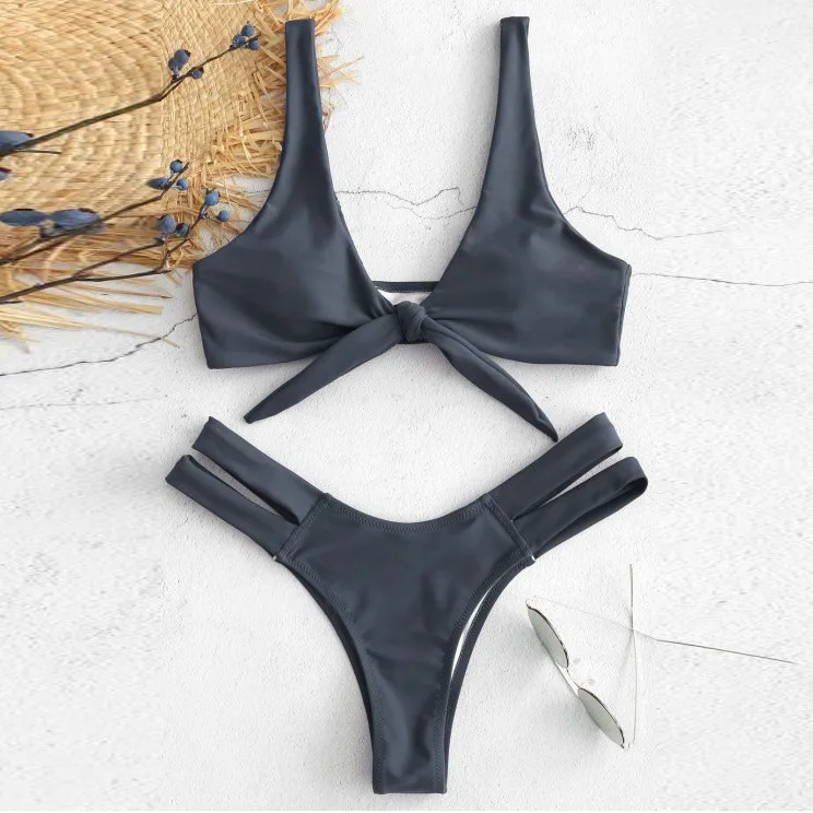 Летнее бикини модное женское многоцветное сексуальное однотонное с высокой