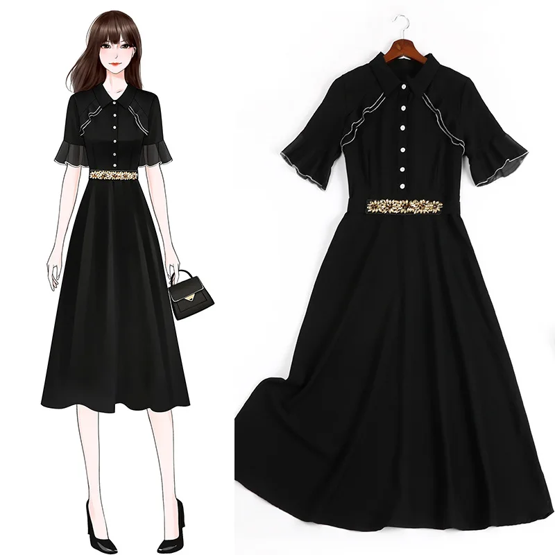 

Fat large size design sense Daisy belt 2020 Xia Xin lotus leaf sleeve style black 11106 dresses big sizes women summer dress