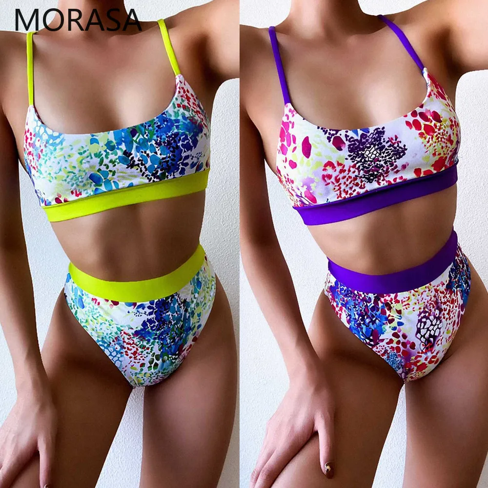 

European and American new sexy high waist color matching bikini fashion ladies swimwear outdoor beach casual women swimsuit 2021