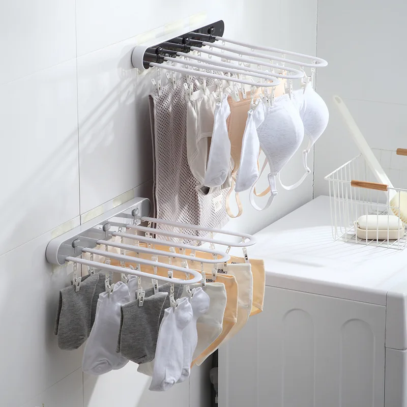 

Household Drying Racks Socks Multi-Clips Punch-free Hanging on The Wall Wall Hanging Folding Balcony Bathroom Drying Rack