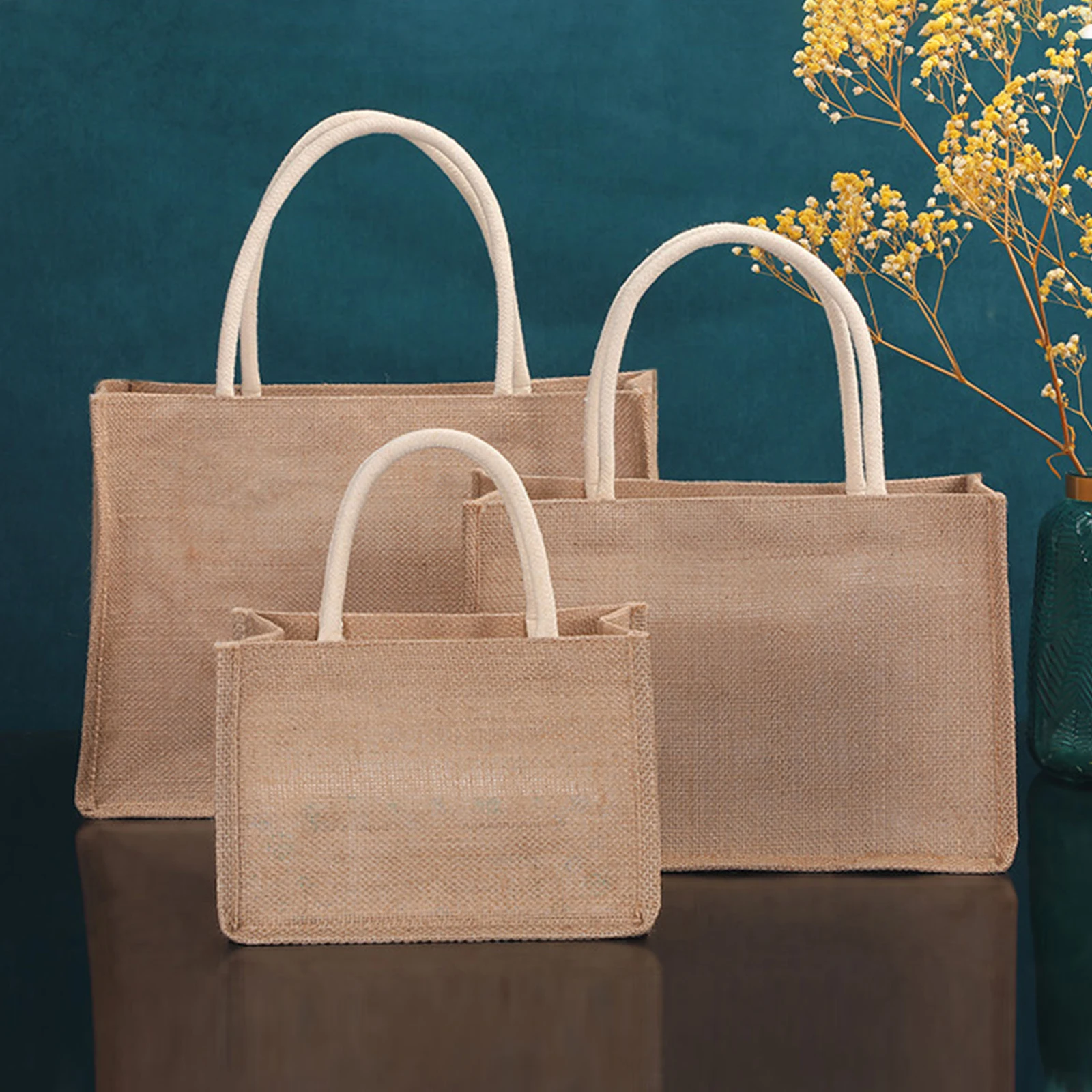 

Summer Beach Burlap Tote Bags Blank Jute Beach Shopper Purses Handbag Vintage Reusable Gift Bags for Grocery Crafts Birthday