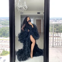 chic tulle ruffles black cloak long kimono tiered ruched a line prom gowns puffy sleeves african cape