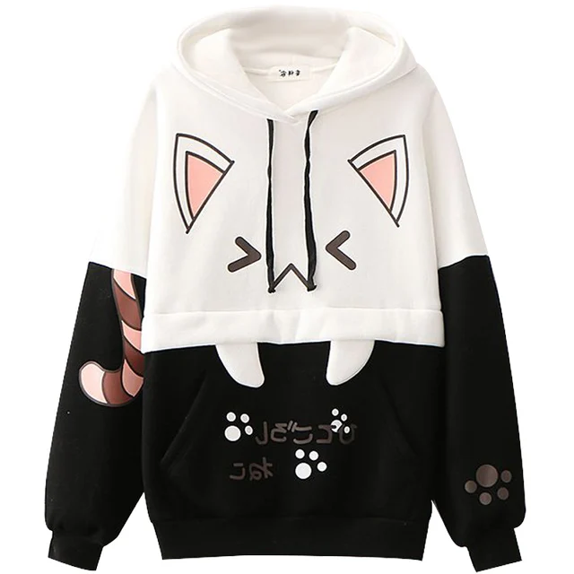 Harajuku Kawaii Women Cute Hoodie Black Pink Long Sleeve Graphic Cat Ear Funny Anime Teen Girls Pullover Vintage Sweatshirt 2021 3