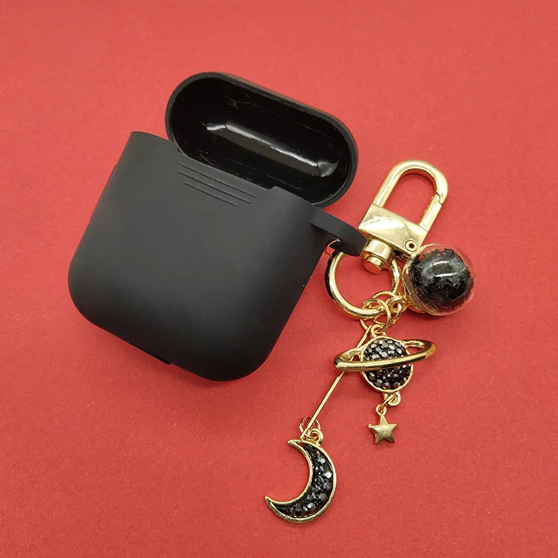 Black Корейский Роскошный силиконовый чехол с алмазной луной для Apple Airpods, чехол, аксессуары, Bluetooth наушники, защитная крышка, жемчужное кольцо для ключей - Цвет: Black
