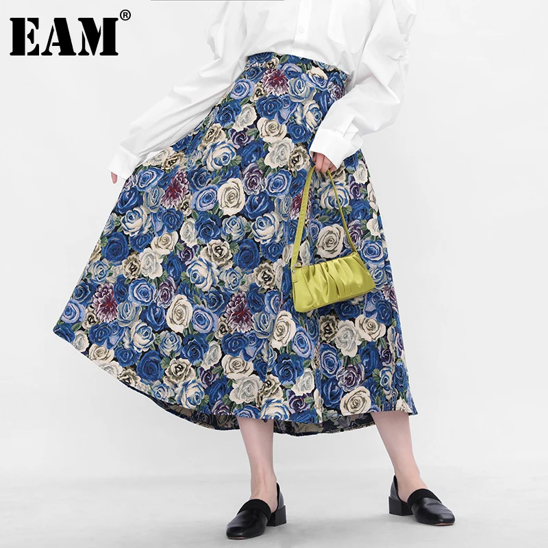 

[EAM] винтажная длинная юбка с высокой талией и принтом в виде синего цветка, женская модная юбка, новинка, весна-осень 2022, 1DE245005