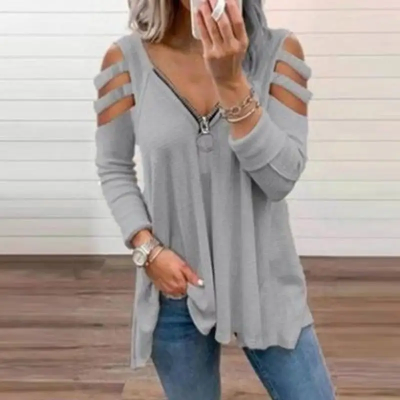 

Fashion Chic Hollow Out Short Sleeve Top Lady Elegant Zip V-Neck Solid Blouses Shirts 2021 Spring Casual Women Blusas Sweatshirt