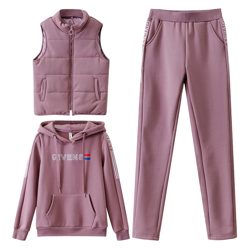 Женский костюм, спортивный костюм, зимний комплект из 3 предметов, толстовка+ жилет+ штаны, повседневный костюм, бархатные теплые спортивные женские костюмы, женская одежда