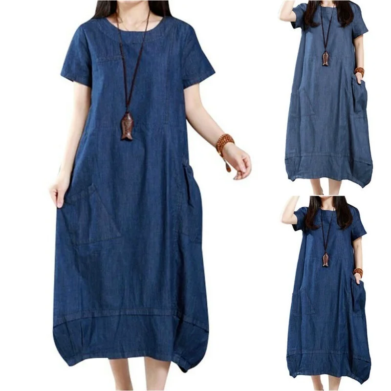 

Womens Ladies Summer Distressed Denim Midi Dress Short Sleeve Sundress Casaul