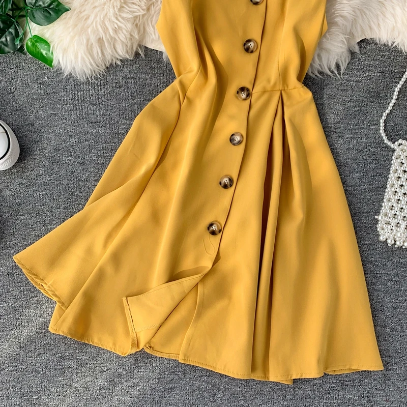 Винтажное тонкое летнее осеннее короткое платье на пуговицах, vestido de festa, сарафан на бретелях, Повседневные Вечерние женские платья трапециевидной формы с высокой талией