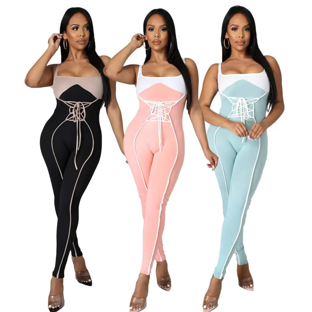 

Cross border European and American color contrast close waist casual women's Jumpsuit