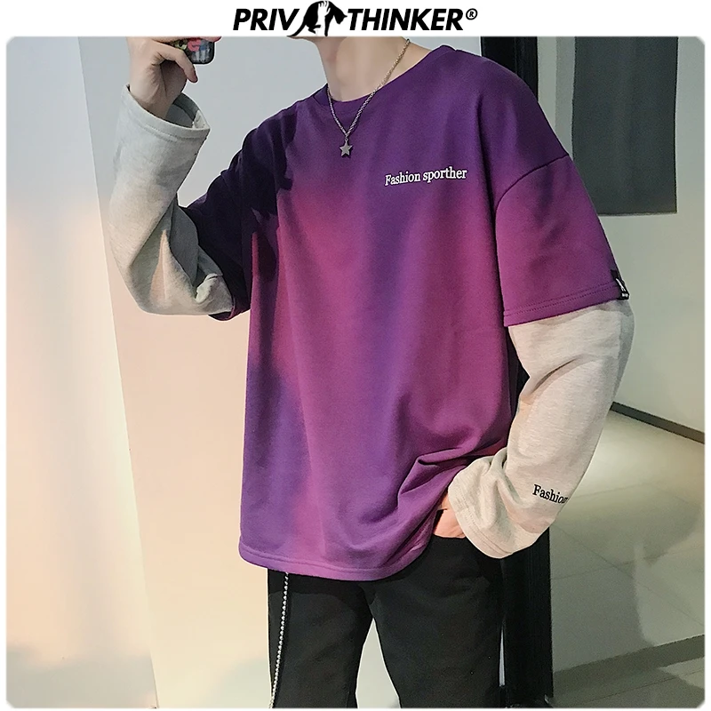 Privathinker корейский стиль Мужские толстовки Японский поддельные из двух частей мужские повседневные толстовки хип хоп Мужская Уличная Толстовка