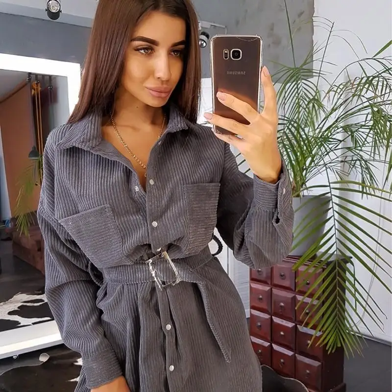 Женское платье с поясом NORMOV прямое мини-платье длинным рукавом и отложным