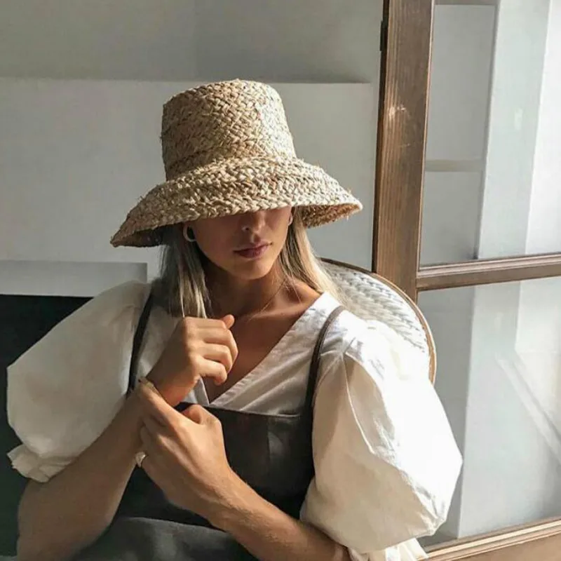 

Summer Sun Hats For Women Retro Flat Top Hat Width Brim Hand Made Raffia Sun Hat Ladies Outdoor Sun Protection Beach Straw Hat