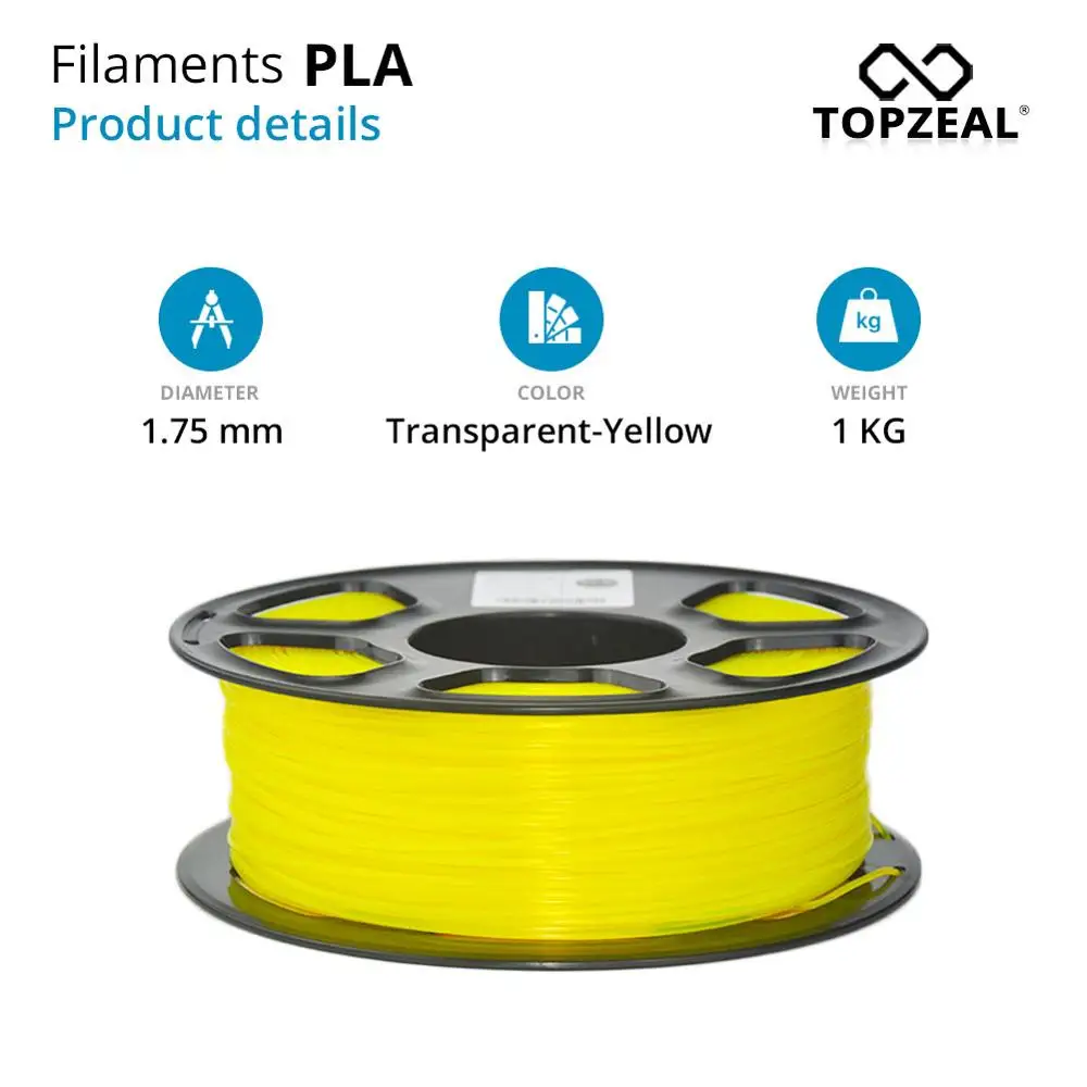TOPZEAL прозрачная 3D пластиковая нить PLA нить 1,75 мм 1 кг погрешность измерения+/-0,02 мм прозрачный желтый для 3d принтера