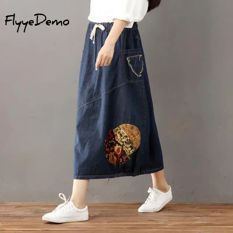 Свободная длинная юбка с карманами и аппликацией джинсы 2020 летняя повседневная
