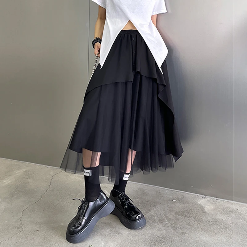 

[EAM] High Elastic Waist Black Irreuglar Mesh Temperament Long Half-body Skirt Women Fashion Tide New Spring Autumn 2021 1DD7935